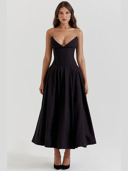 Solid Off-shoulder Chic Backless Strapless High-waisted Elegant Maxi Dress