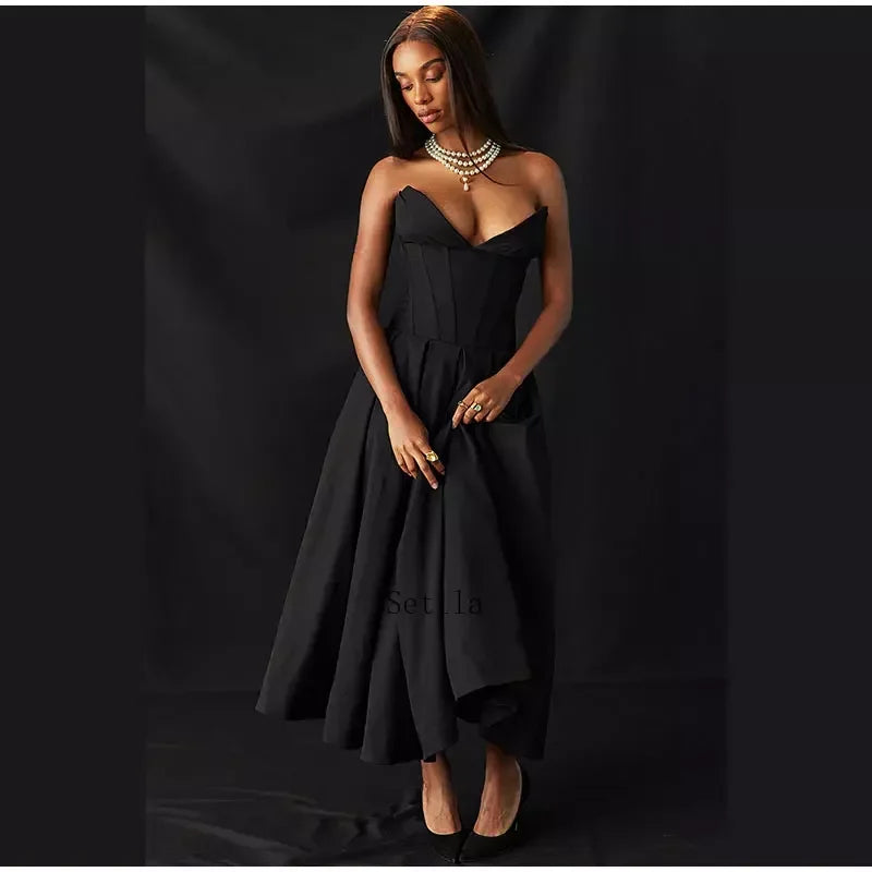 Solid Off-shoulder Chic Backless Strapless High-waisted Elegant Maxi Dress