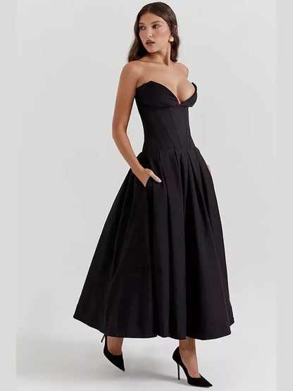 Solid Off-shoulder Chic Backless Strapless High-waisted Elegant Maxi Dress