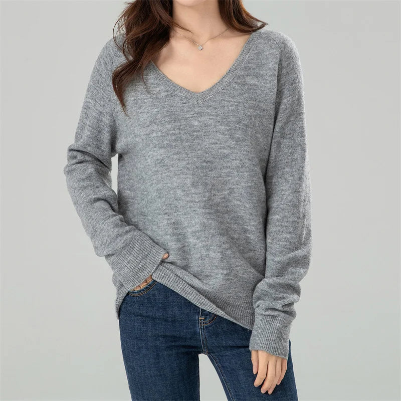 Solid Cozy V-neck Black Casual Long Sleeve Stylish Knitted Autumn Sweater