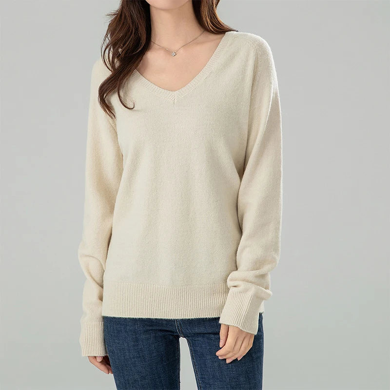 Solid Cozy V-neck Black Casual Long Sleeve Stylish Knitted Autumn Sweater