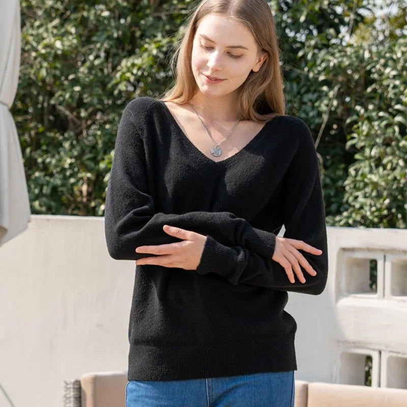 Solid Cozy V-neck Black Casual Long Sleeve Stylish Knitted Autumn Sweater