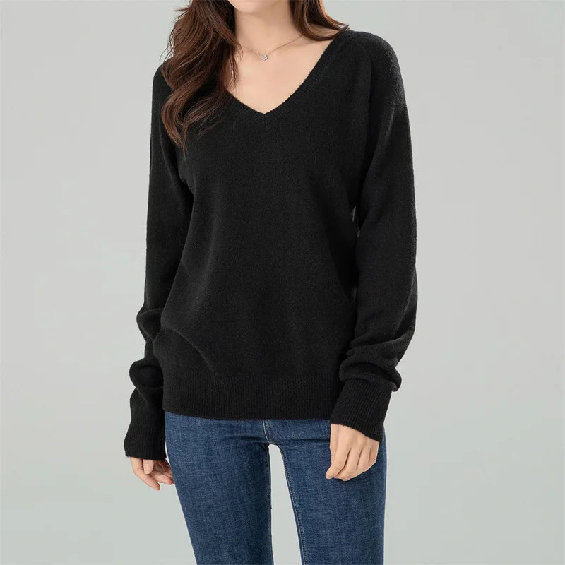 Solid Cozy V-neck Black Casual Long Sleeve Stylish Knitted Autumn Sweater