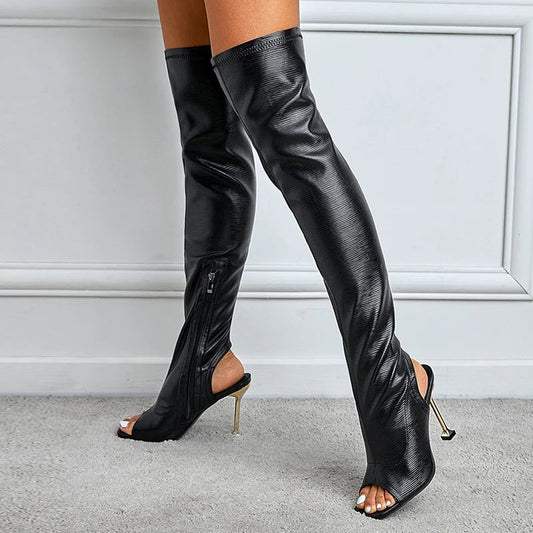 Spring Autumn Sexy Zip Metal Thin-Heels Open-Toe Leather Thigh-High Over-The-Knee Boots Stripper High Heel