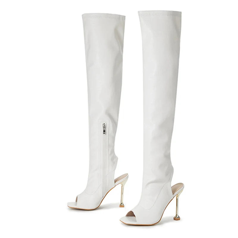 Sexy Zip Metal Thin Heel Thigh High Over The Knee Boots - Open Toe Leather - Ladies Party Club Stripper Shoes