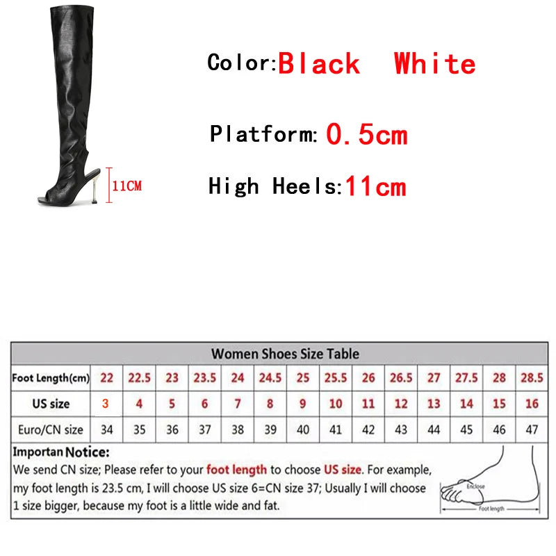 Sexy Zip Metal Thin Heel Thigh High Over The Knee Boots - Open Toe Leather - Ladies Party Club Stripper Shoes