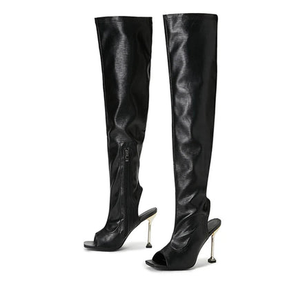 Sexy Zip Metal Thin Heel Thigh High Over The Knee Boots - Open Toe Leather - Ladies Party Club Stripper Shoes