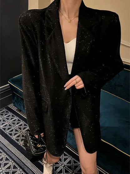 Spring Autumn Silver Sequin Oversized Office Lady Elegant Party Blazer