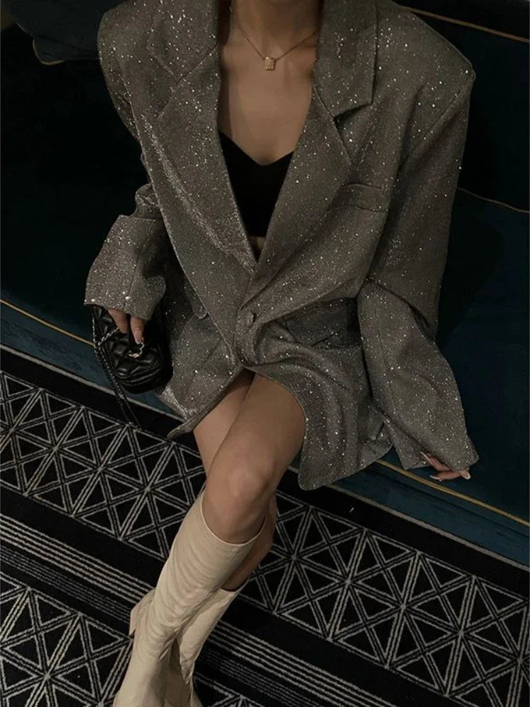 Spring Autumn Silver Sequin Oversized Office Lady Elegant Party Blazer