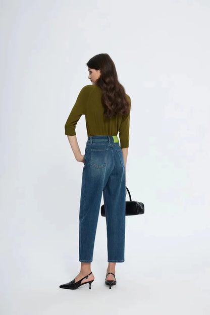 Spring New High Waist Retro Washed Blue Straight Jean