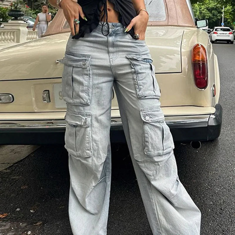 Straight Casual Multi-pocket Paneled Cargo Fashion Washed Wide Leg High-waisted High Street Y2K Jean