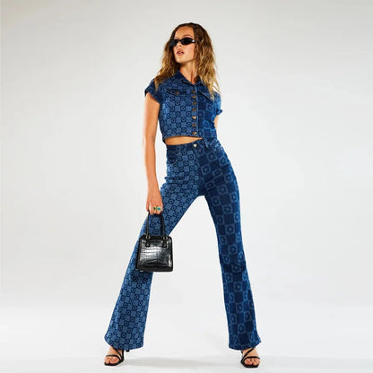 Stretch Fashion Print Women's High Waist Flare Women Long Summer Casual Streetwear Denim Pant Jean