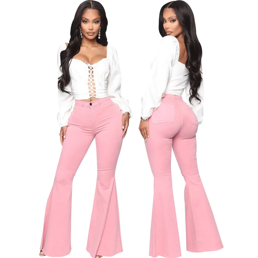 Stretch Slim Flare for Women Pink Bell Bottom 2024 High Waist Skinny Boot-cut Denim Woman Jean