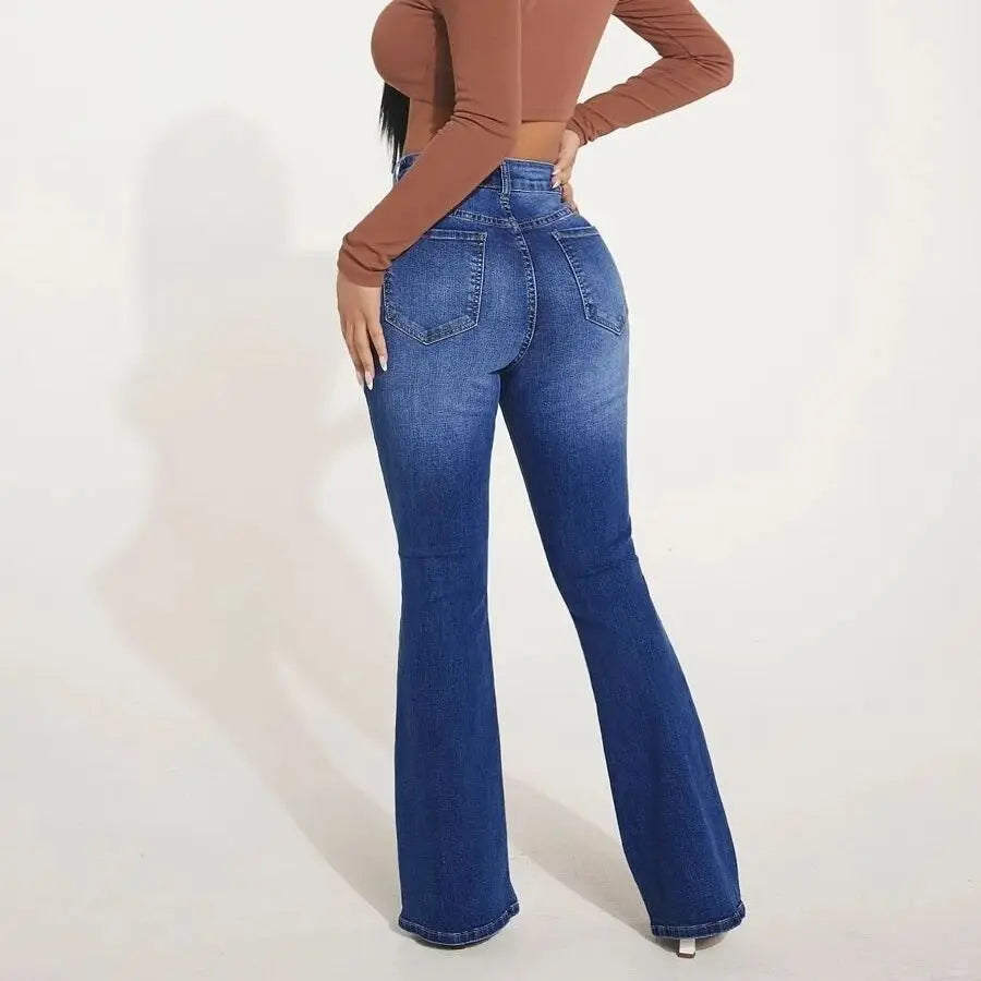 Stretch Slim Flare Button Fly High Waist Full Length Vintage Jean