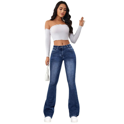 Stretch Slim Retro High Waist Stitching Washed Bell-Bottom Fashionable Stylish Elegant Jean