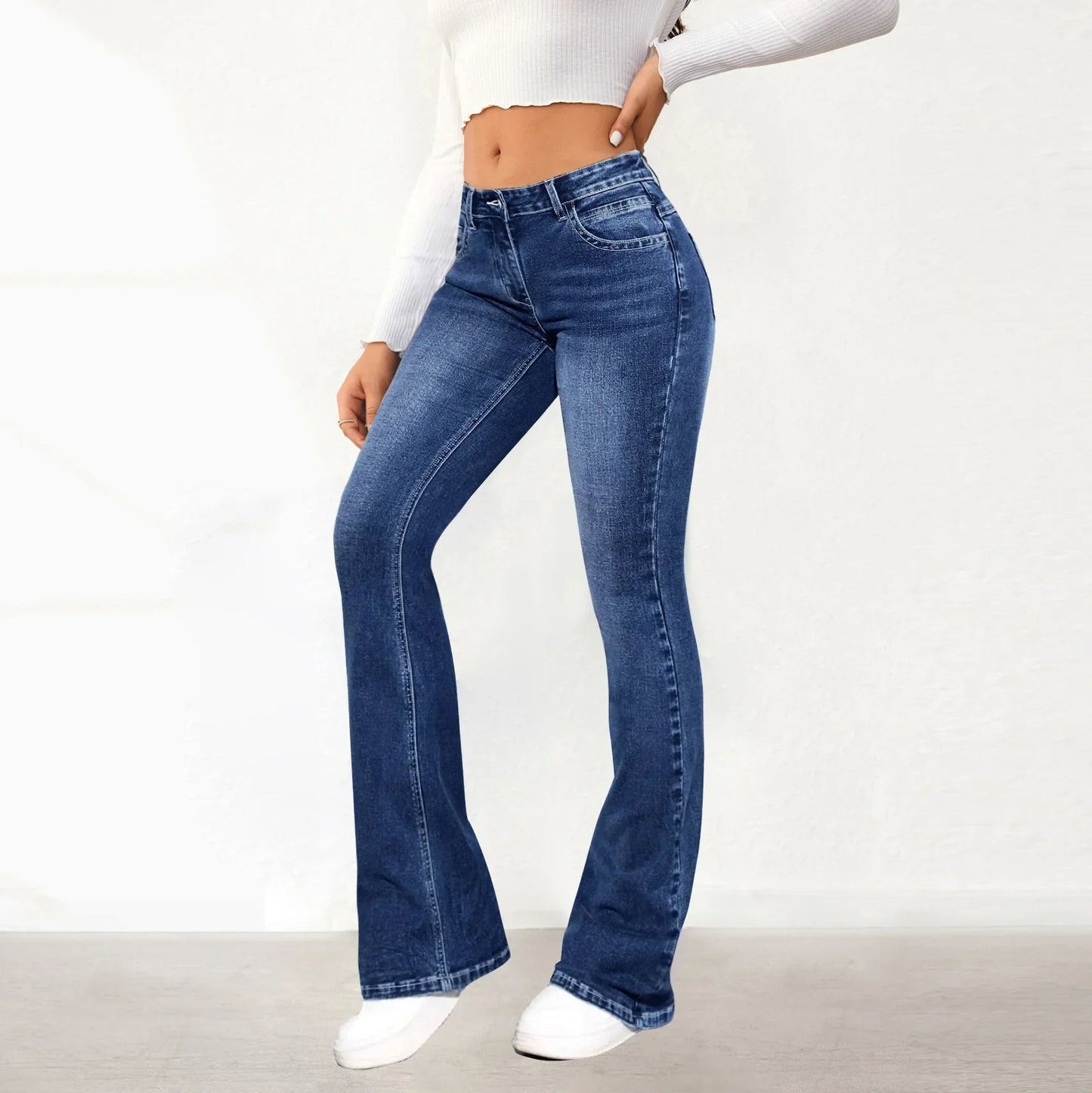 Stretch Slim Retro High Waist Stitching Washed Bell-Bottom Fashionable Stylish Elegant Jean