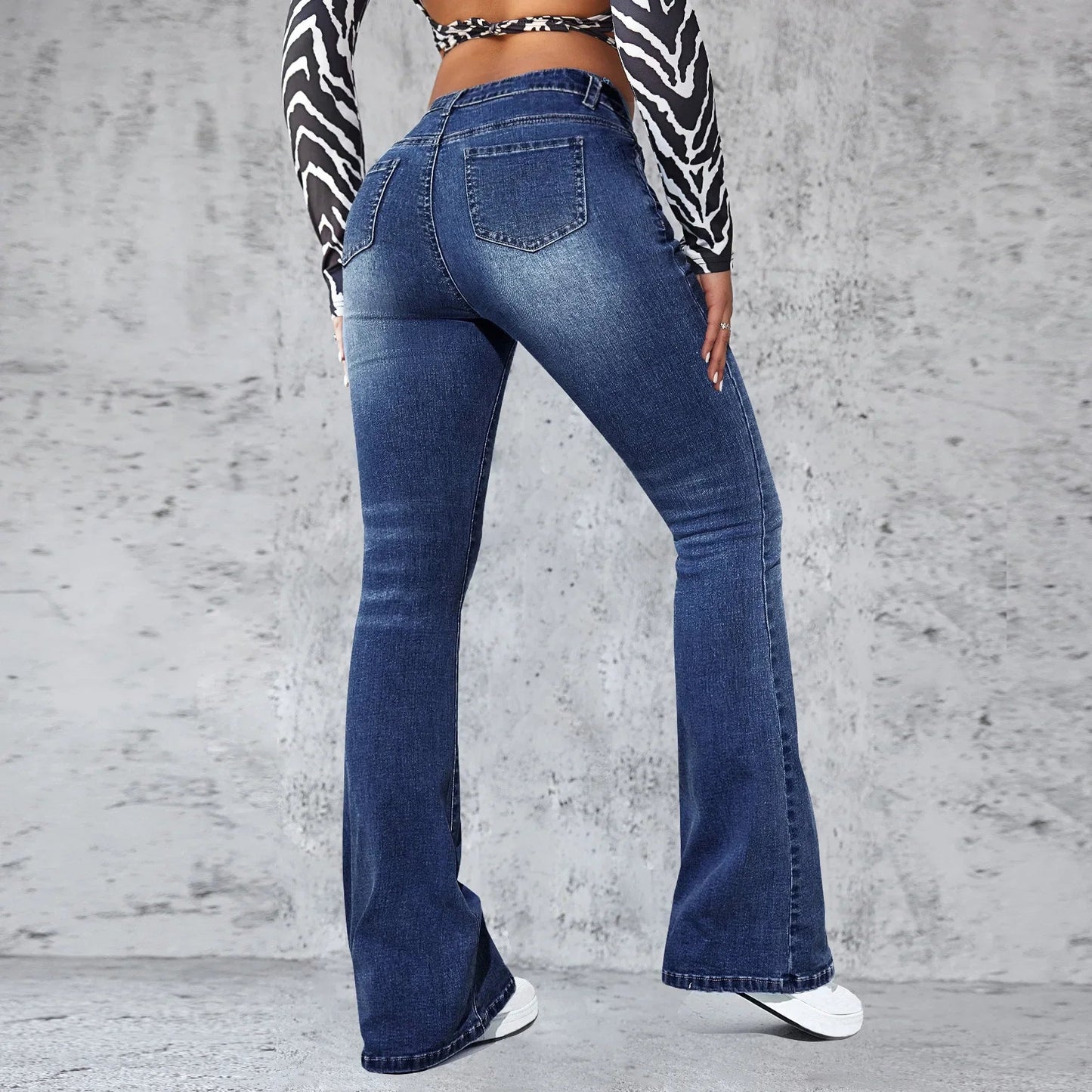 Stretch Slim Retro High Waist Stitched Washed Bell-Bottom Denim Jean