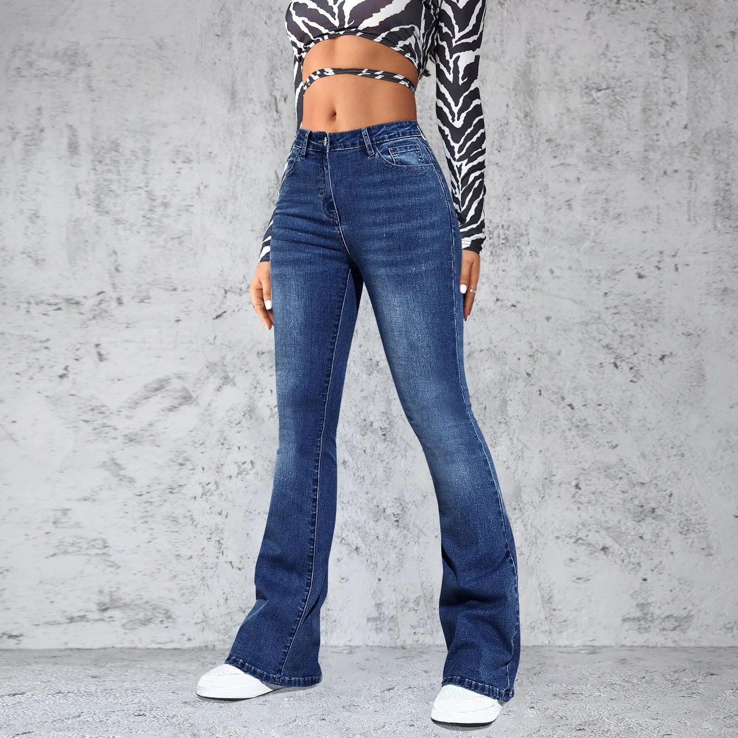 Stretch Slim Retro High Waist Stitched Washed Bell-Bottom Denim Jean