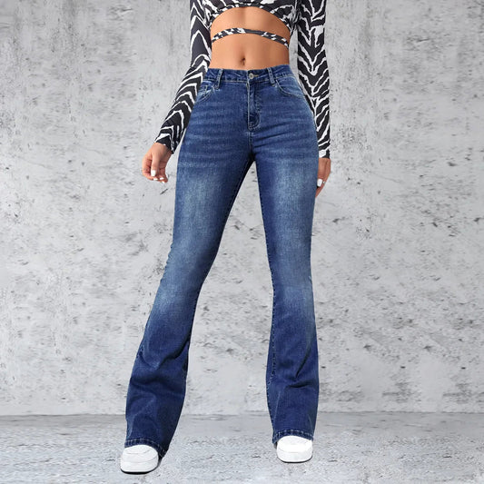 Stretch Slim Retro High Waist Stitched Washed Bell-Bottom Denim Jean