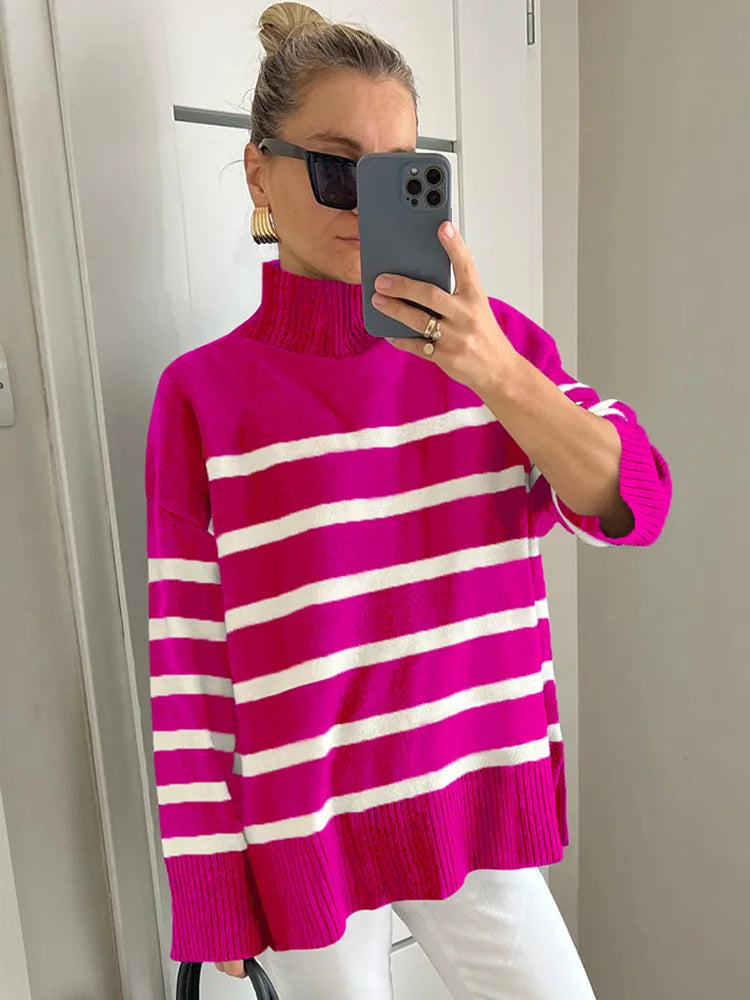 Striped Turtleneck Knitted Cozy Stylish Long Sleeve Comfortable Casual Warm Sweater