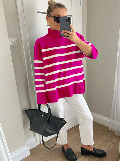 Striped Turtleneck Knitted Cozy Stylish Long Sleeve Comfortable Casual Warm Sweater