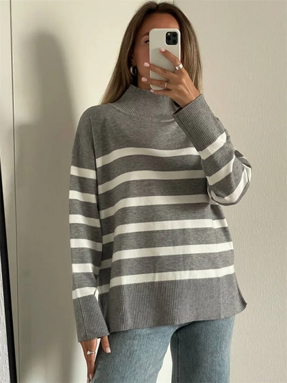 Striped Turtleneck Knitted Cozy Stylish Long Sleeve Comfortable Casual Warm Sweater