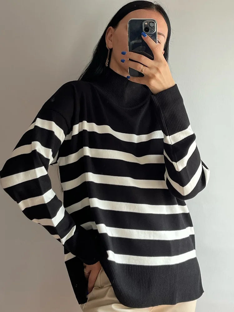 Striped Turtleneck Knitted Cozy Stylish Long Sleeve Comfortable Casual Warm Sweater