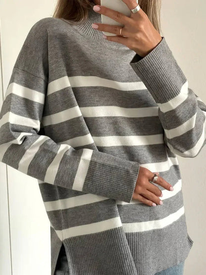 Striped Turtleneck Knitted Cozy Stylish Long Sleeve Comfortable Casual Warm Sweater