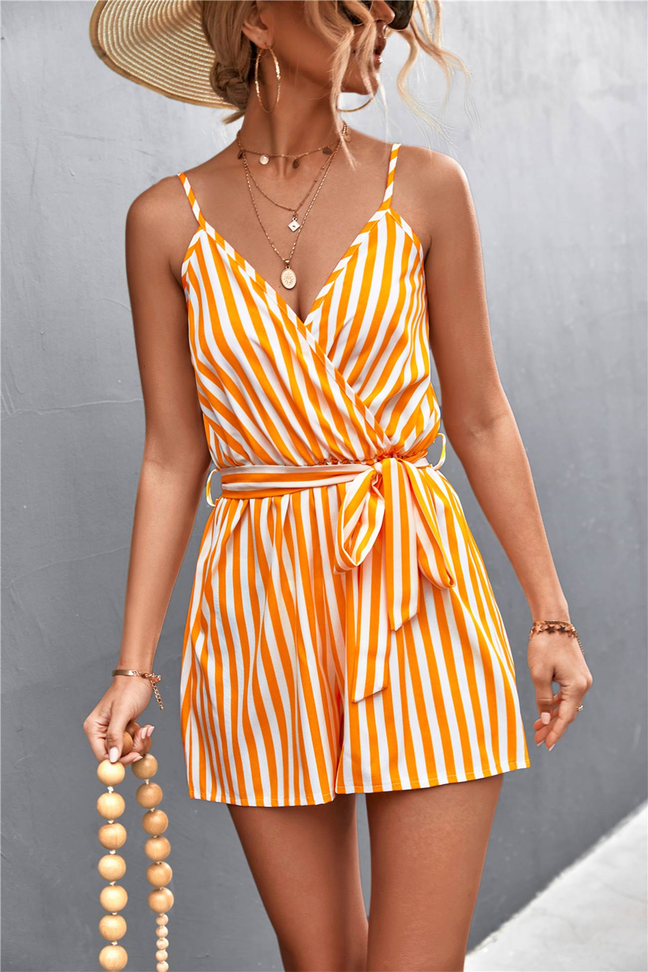 Striped V Neck Cami Rompers