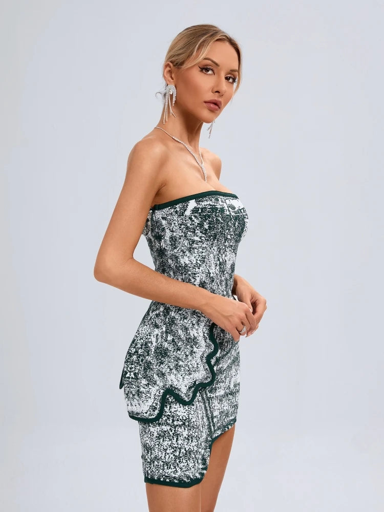 Summer Sexy Asymmetric Strapless Top Mini Skirts Two Piece Christmas Party Dress