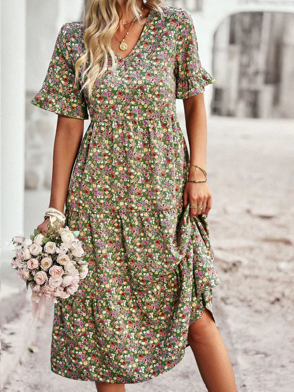 V-neck Elegant Floral Print A-line Holiday Dress