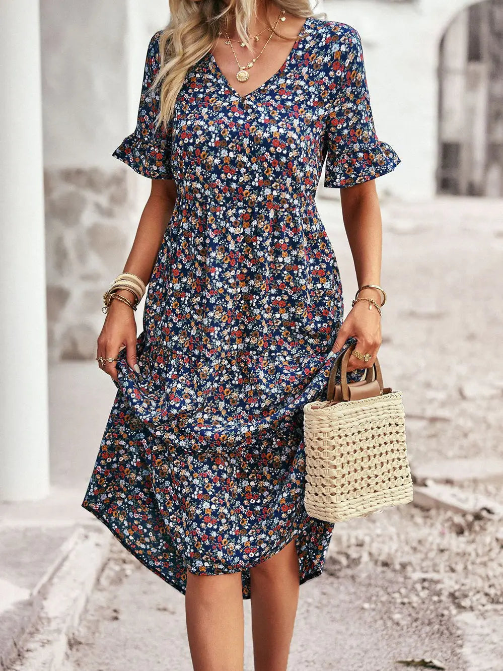 V-neck Elegant Floral Print A-line Holiday Dress