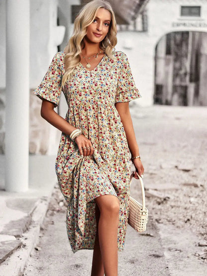 V-neck Elegant Floral Print A-line Holiday Dress