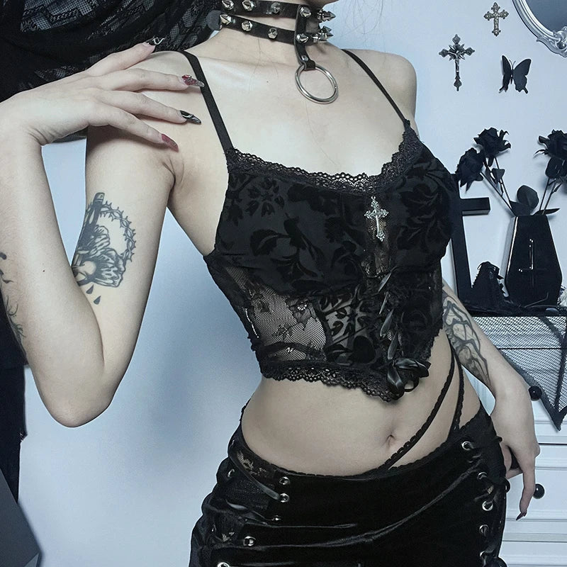 Summer Dark Gothic Lace Suede Sexy Babes Cross Stylish Elegant Trendy Crop Top