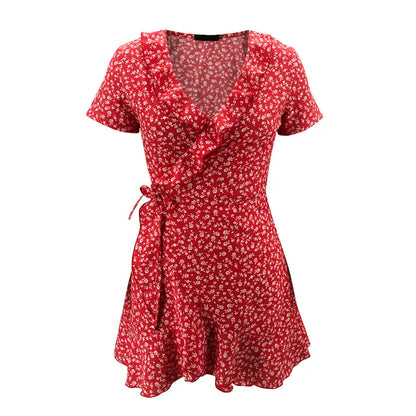 Elegant Floral Ruffles V-neck Bandage Chic Flowers Mini Dress