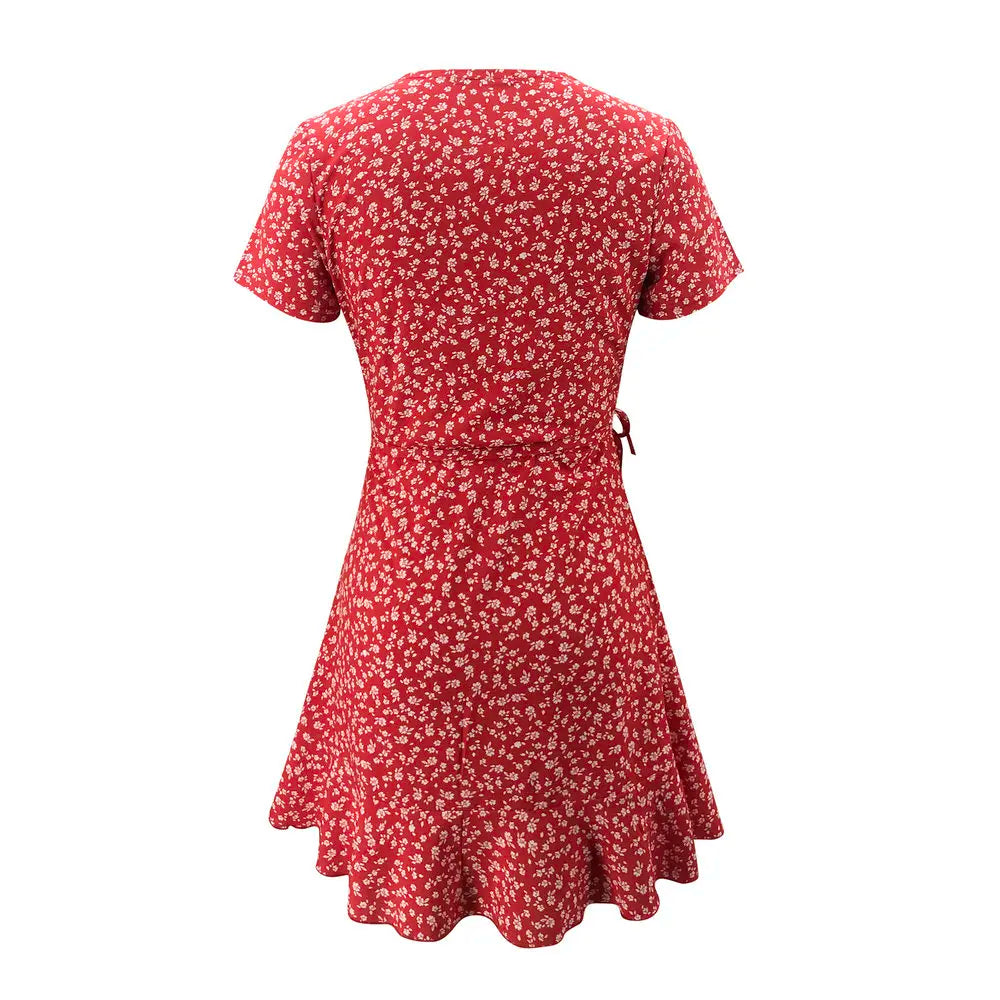 Elegant Floral Ruffles V-neck Bandage Chic Flowers Mini Dress