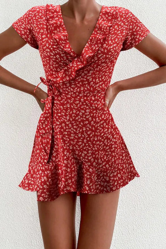 Elegant Floral Ruffles V-neck Bandage Chic Flowers Mini Dress