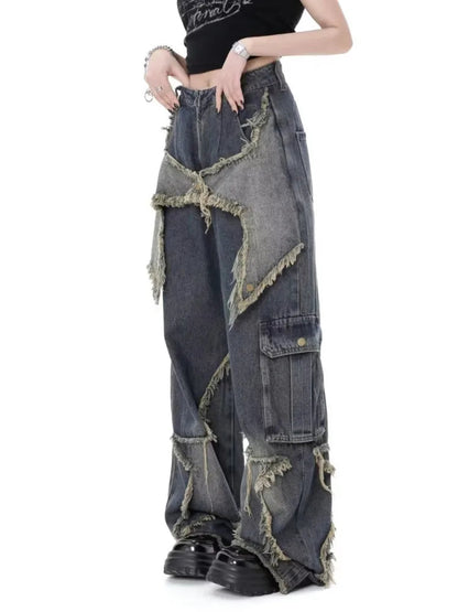 Super Beautiful Flower High Waist Summer Loose Wide Leg Vintage Unique Versatile Straight Women's Jean