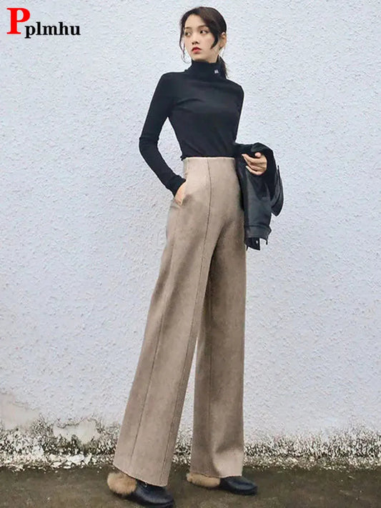 Super High Waist Wool Blend Warm Loose Cashmere Thick Woolen Pants