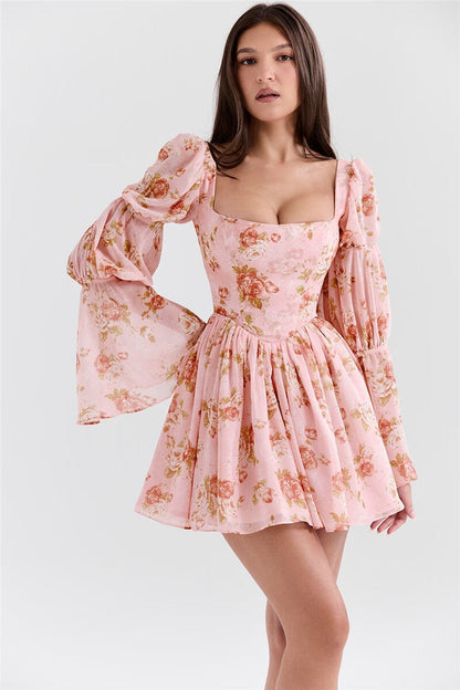 Pat Puff Sleeve Floral Print Sexy Mini Dress