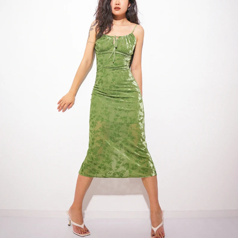 Vintage Green Velvet Burnt Flower Long Strap Backless Sleeveless Boho Christmas Party Dress