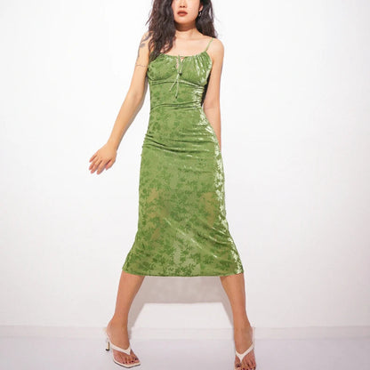 Vintage Green Velvet Burnt Flower Long Strap Backless Sleeveless Boho Christmas Party Dress