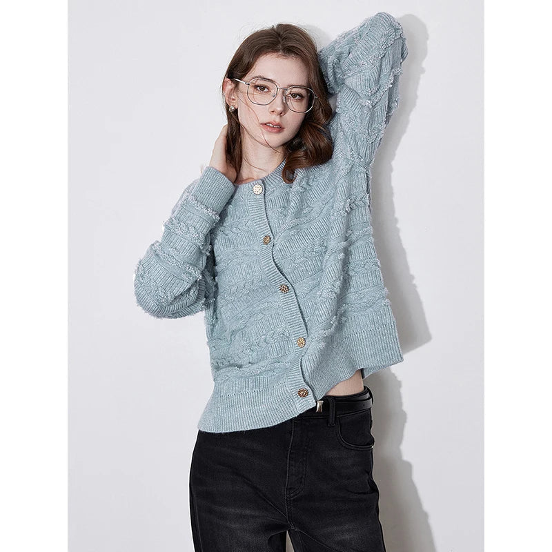 Round Neck Jacquard Embroidered Cardigan