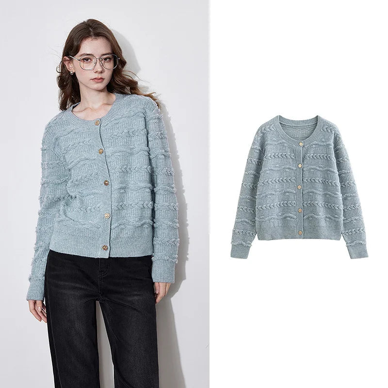 Round Neck Jacquard Embroidered Cardigan