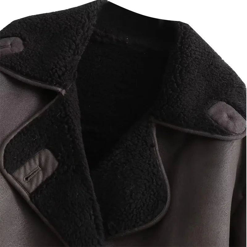 2024 Thick Faux Leather Autumn Winter Warm Wool Blends Demi-season Jacket