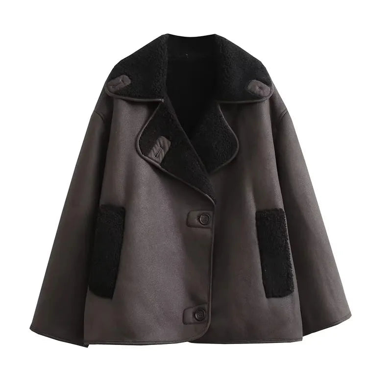 2024 Thick Faux Leather Autumn Winter Warm Wool Blends Demi-season Jacket