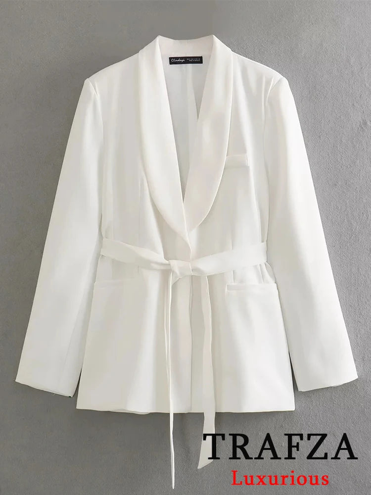 White Blazer V Neck Oversized High Waist Wide Leg Pants Suit