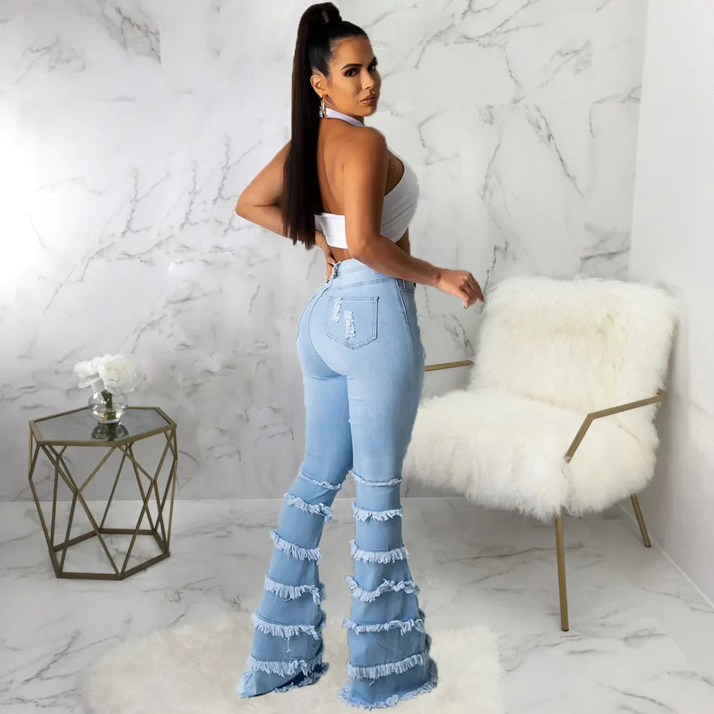 Tassel Thousand Layers Flared Design Light Blue Ripped Fashion Wide Leg Ladies Jean