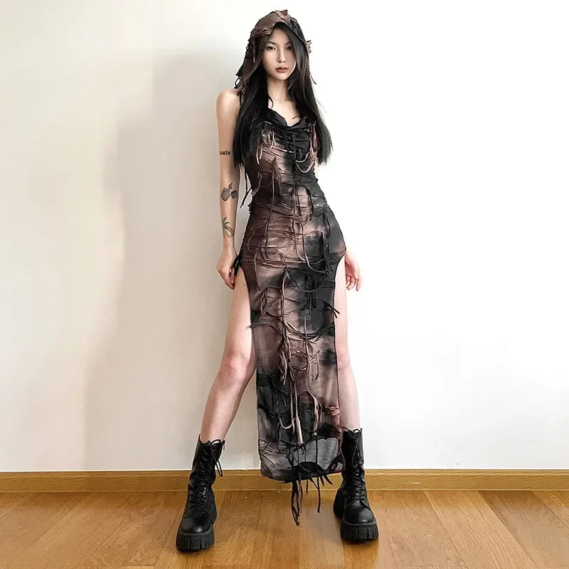 Tassel Vintage Gothic Hooded Midi Dress Fairy Grunge Y2K Sexy High Split Sleeveless Tie Dye Dress