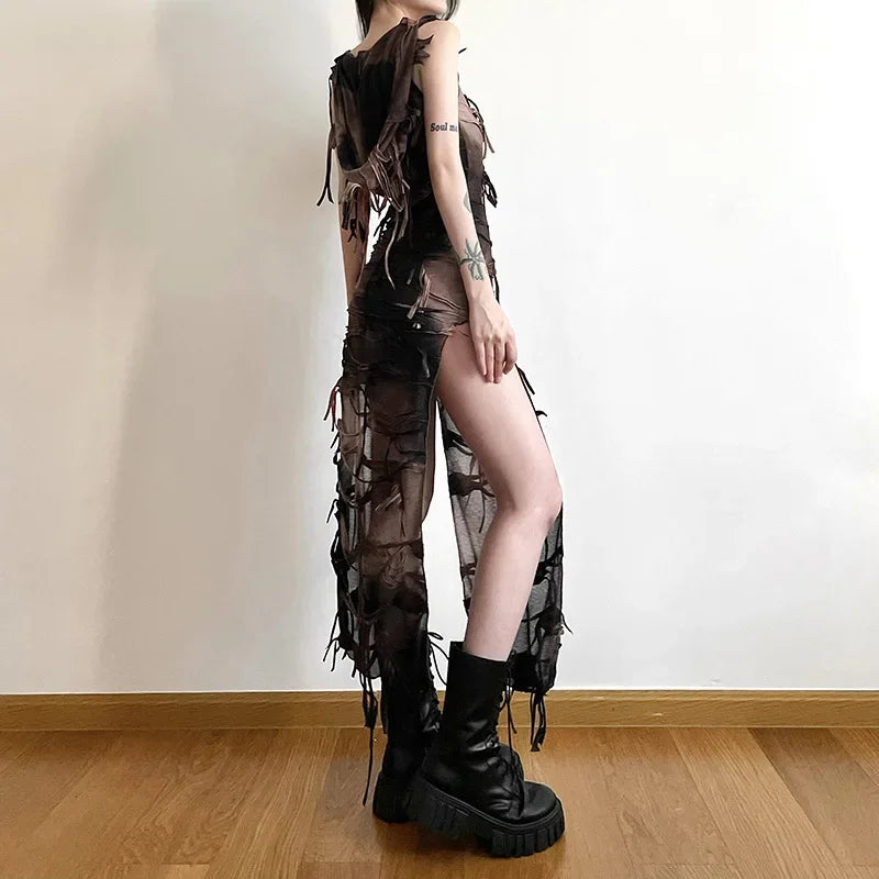 Tassel Vintage Gothic Hooded Midi Dress Fairy Grunge Y2K Sexy High Split Sleeveless Tie Dye Dress